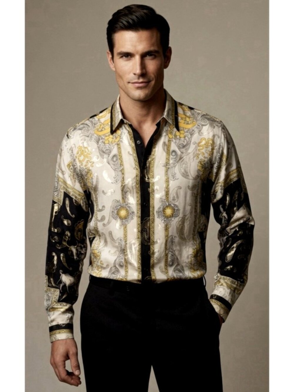 Vintage Gorgeous Satin Paris Design Rodeo Silk Metallic Long Sleeve Shirt